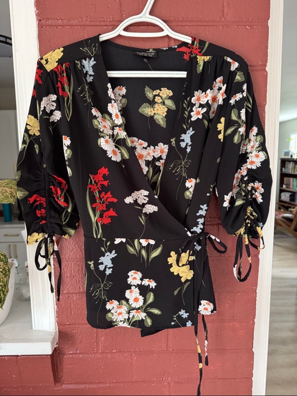 Topshop Black Floral Wrap Blouse with Red, Yellow and White with Cinched Sleeves